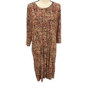 J. Jill Dress Sz Large Brown Orange Gray 3/4 Length Sleeve Pockets Button Front